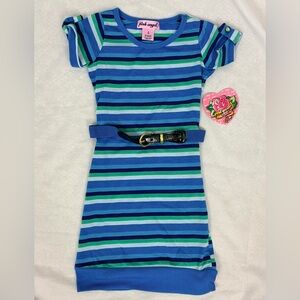 Pink Angel Striped Blue & Green Casual Belted T-Shirt Dress     Medium (5/6) NWT